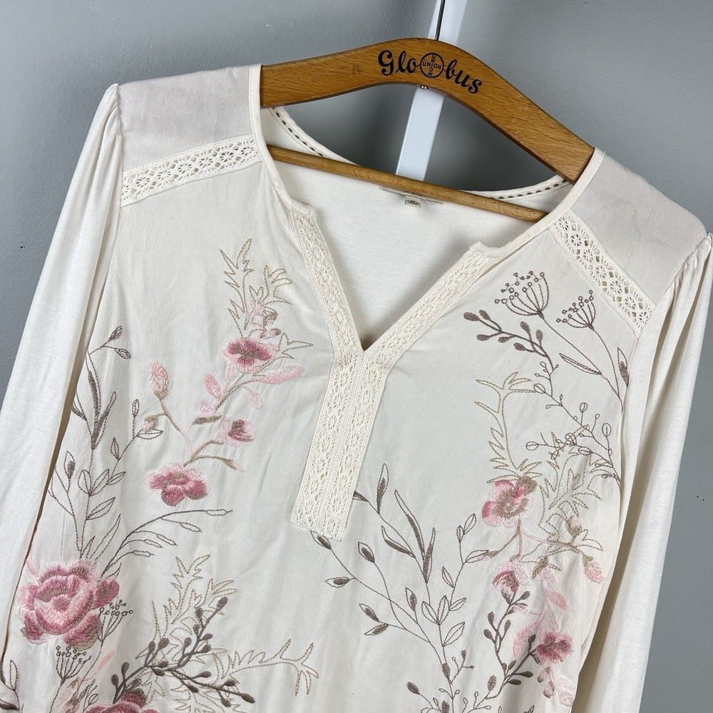 Kate & Sam Embroidered Top Womens M Ivory Pink Floral Long Sleeve Boho